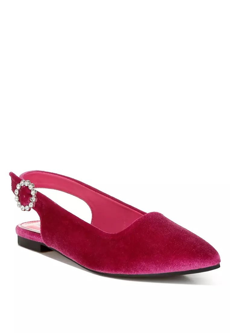 Velvet Slingback Flat Sandals in Fuchsia