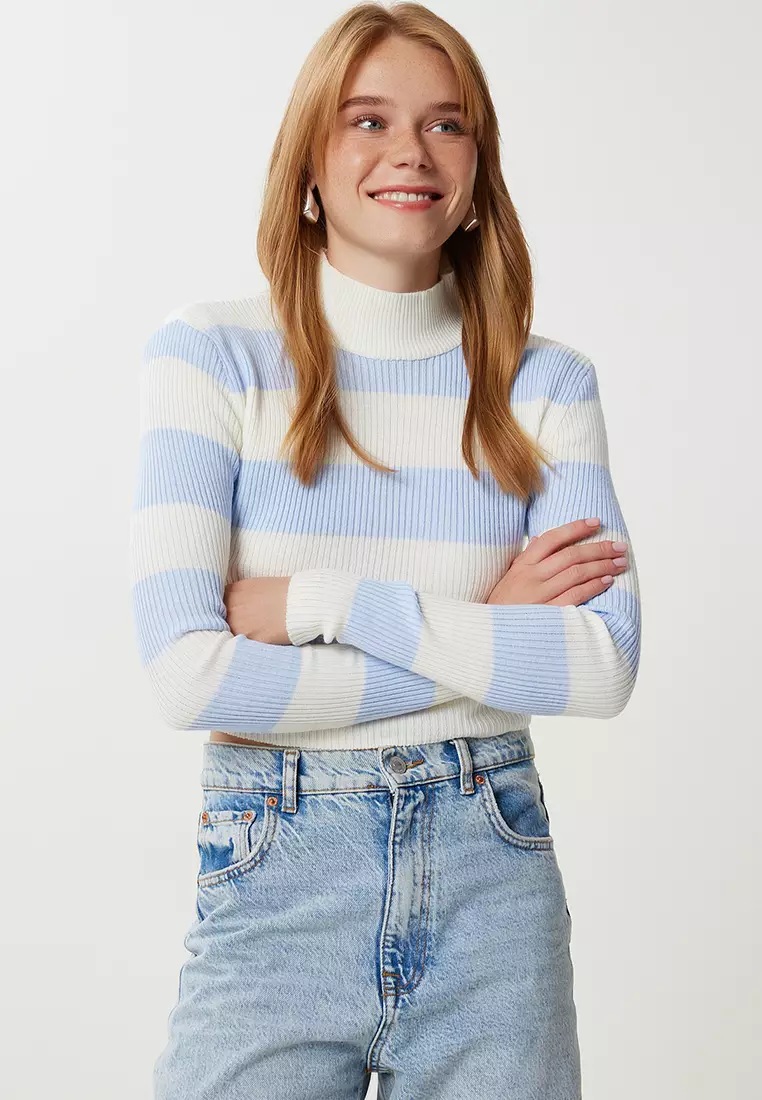 Striped Crop Ribbed Knit Sweater