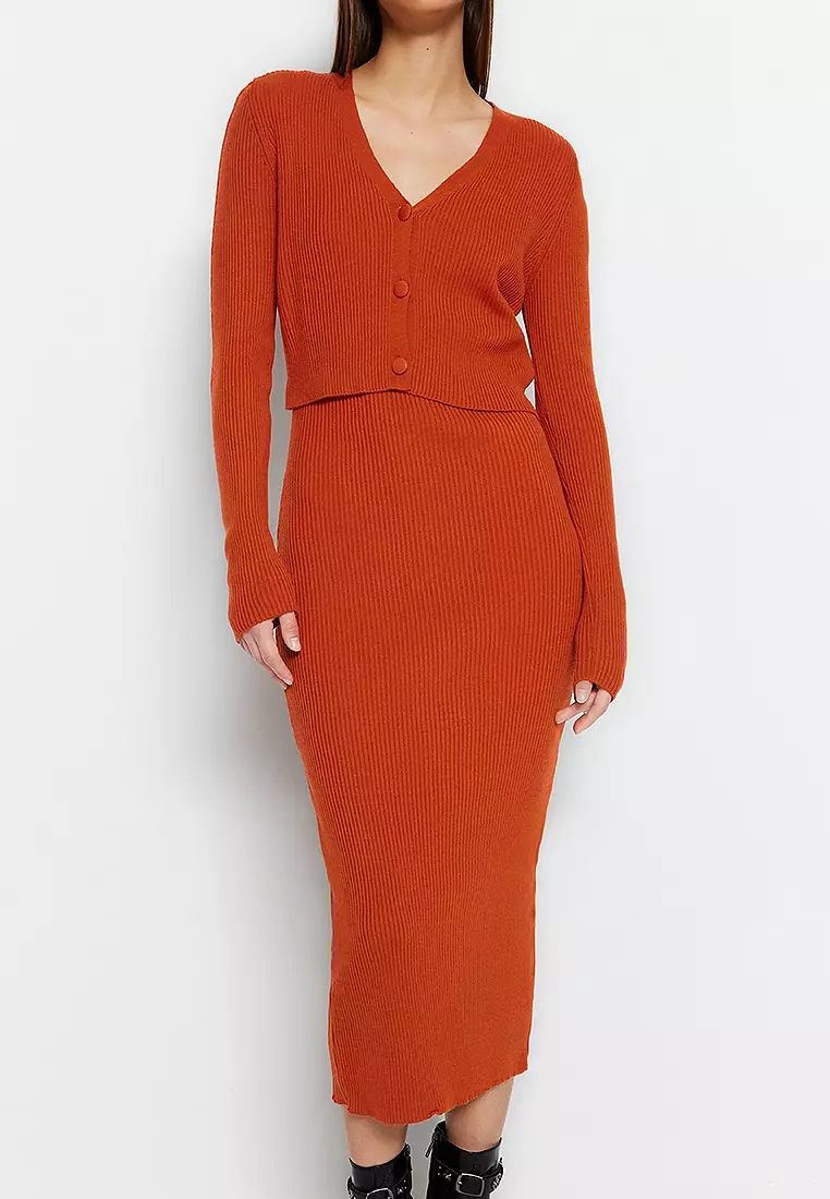 Tile Fitted Midi Knitwear Cardigan Dress Suit