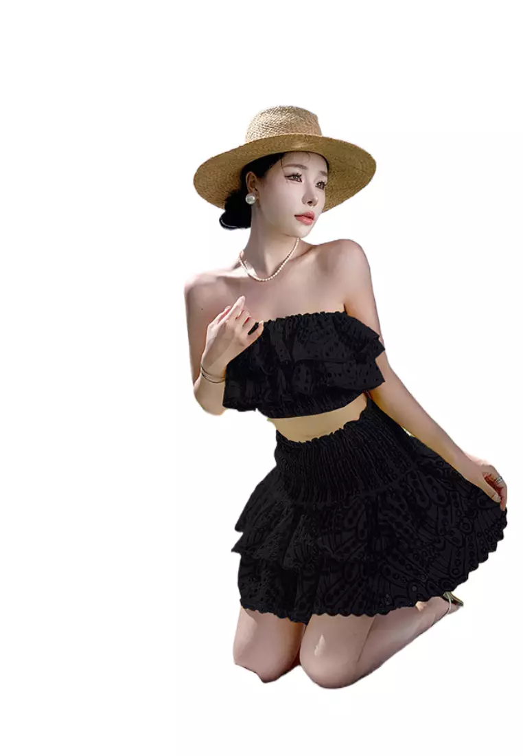 Off Shoulder Eyelet Embroidery Two-Piece Set CA26022443BK