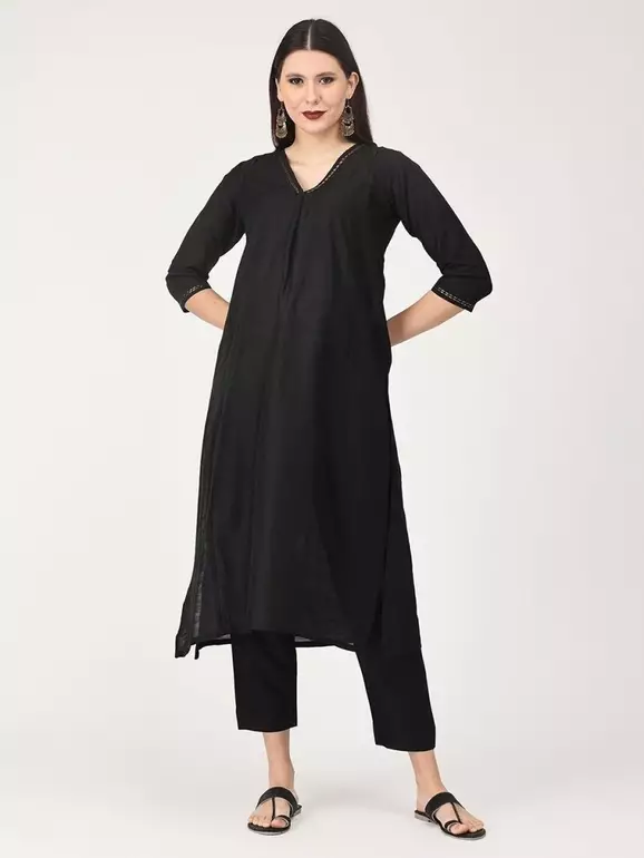 Ebony Embroidered Maternity and Nursing Silk Kurta Set - Black