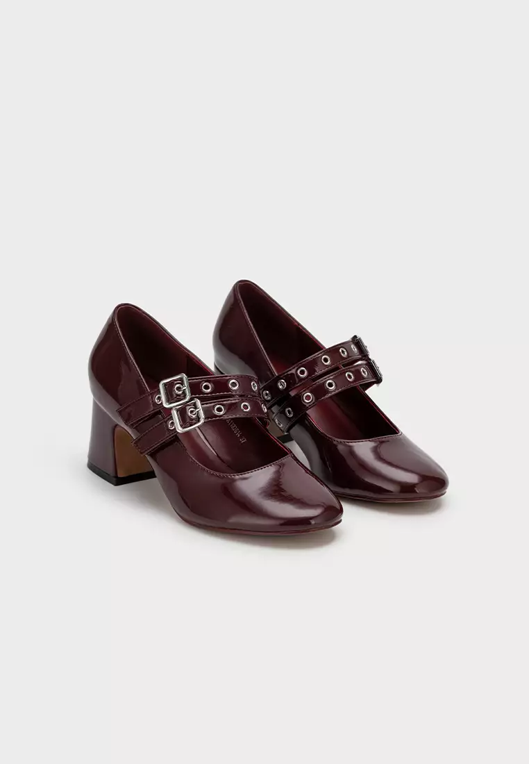 PATENT DOUBLE BUCKLE MARY JANE BLOCK HEEL PUMPS 饰扣圆頭粗跟鞋