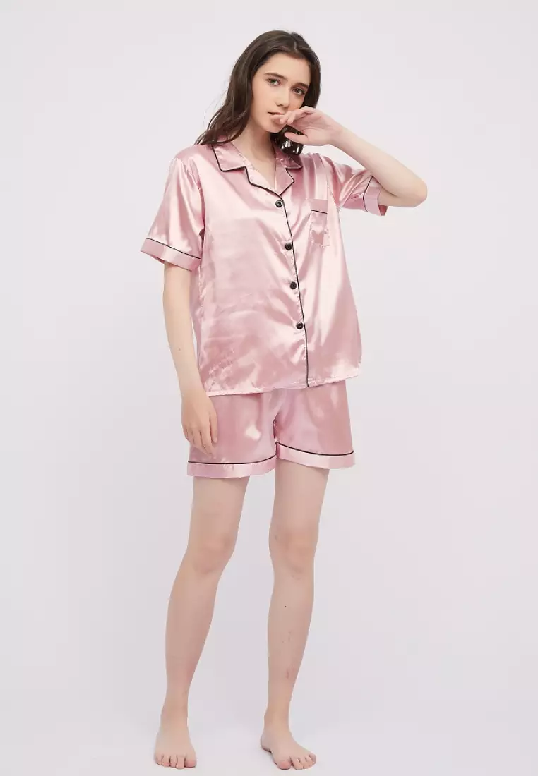 Buy Shapes and Curves Basic Silk Pajama Short Sleeves Set Lounge