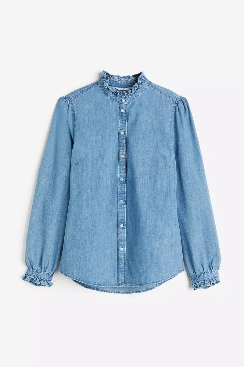 Buy H&M Frill-trimmed denim blouse 2024 Online | ZALORA