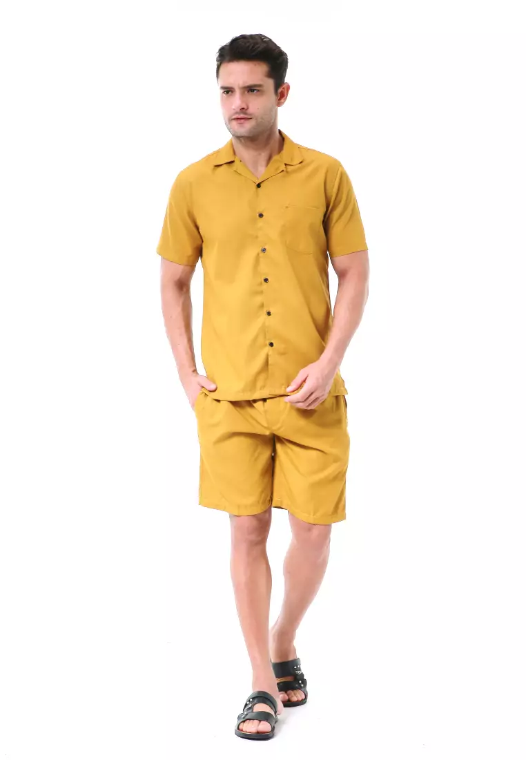 Deon Piyama Pria Plain Motive Kemeja One Set Lengan Pendek Material Cotton ORIGINAL - Mustard