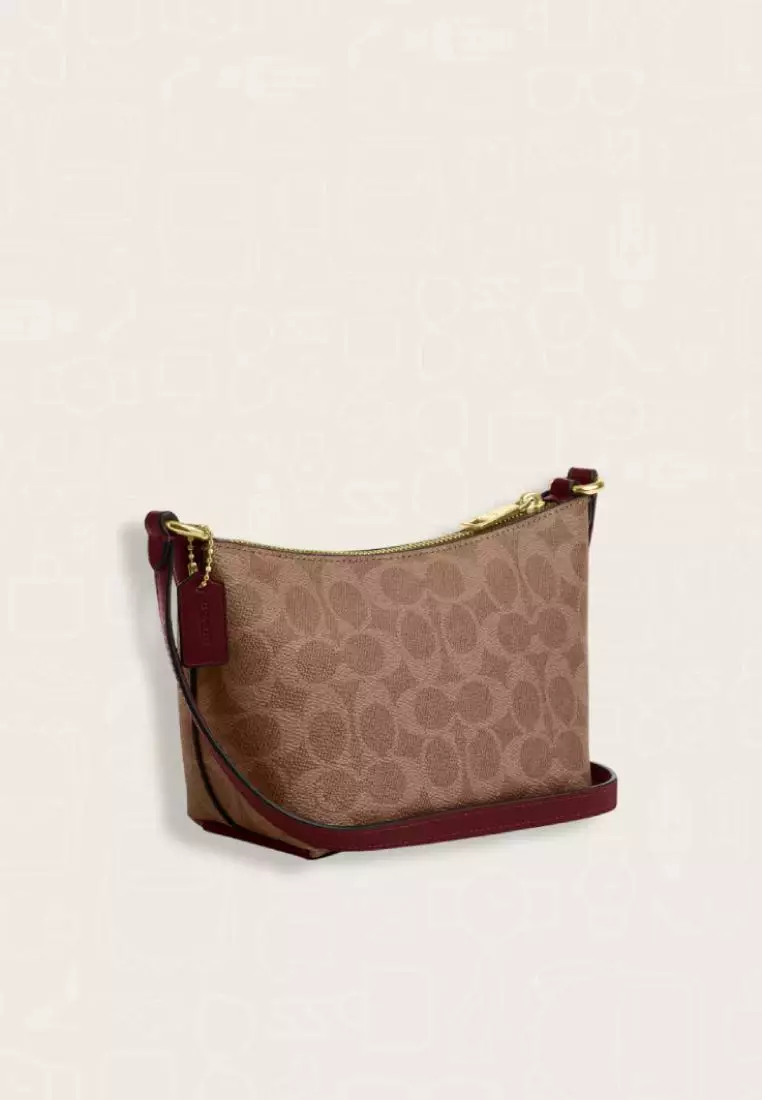 Coach Zip Top Crossbody Bag In Signature Canvas With Horse And Carriage Print Tan Black Cherry