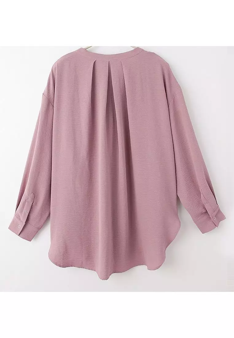 Loose V-Neck Tie Styling Front Short Back Long Side Slit Curved Hem Top [AB18850]