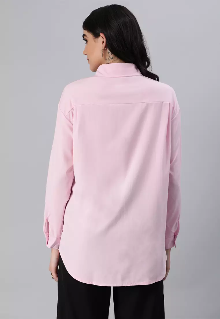 Blush Pink Long Sleeve Satin Shirt Blouse