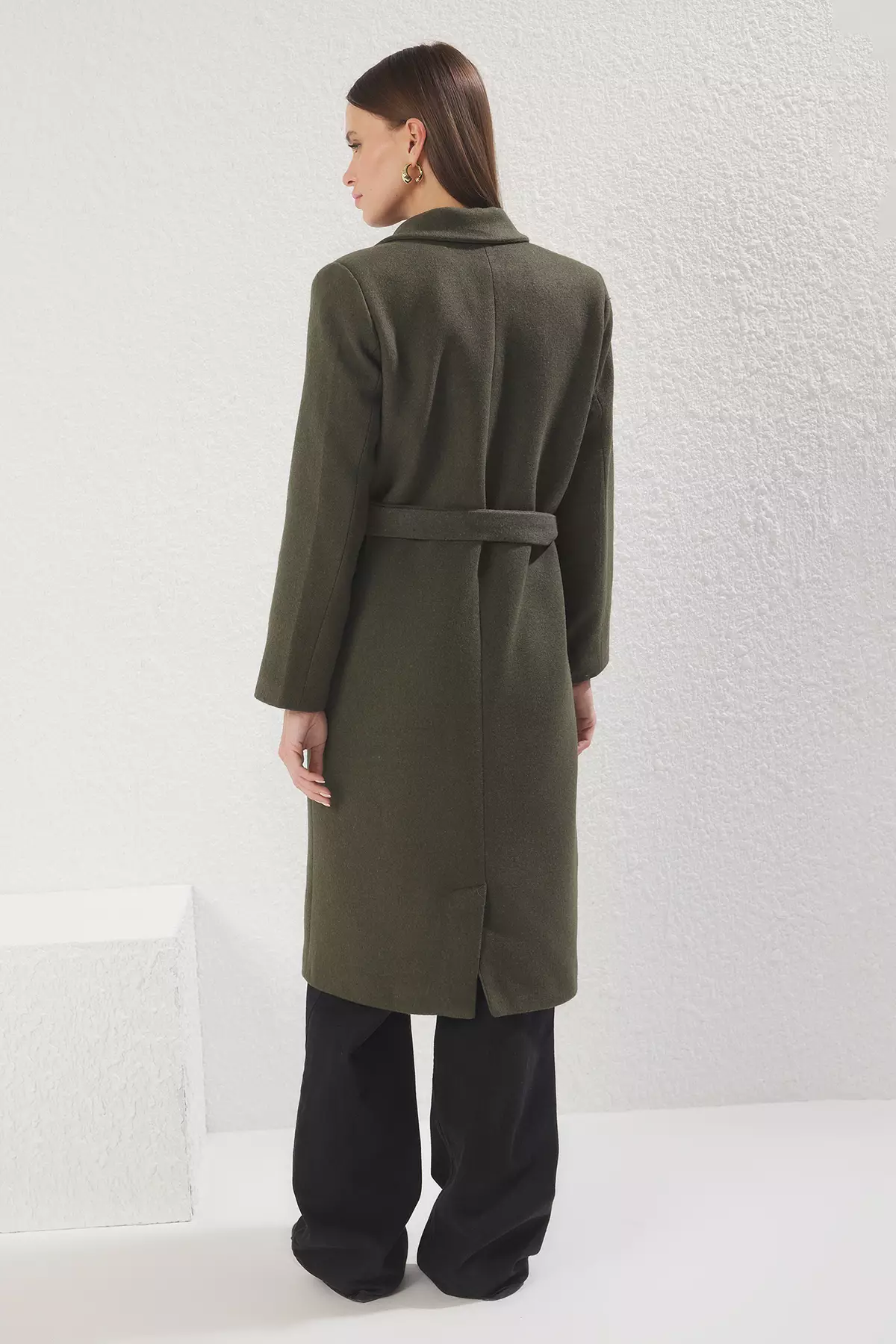 Khaki Fitted Belted Gold Buttoned Long Wool Cashmere Coat TWOAW23KB00018
