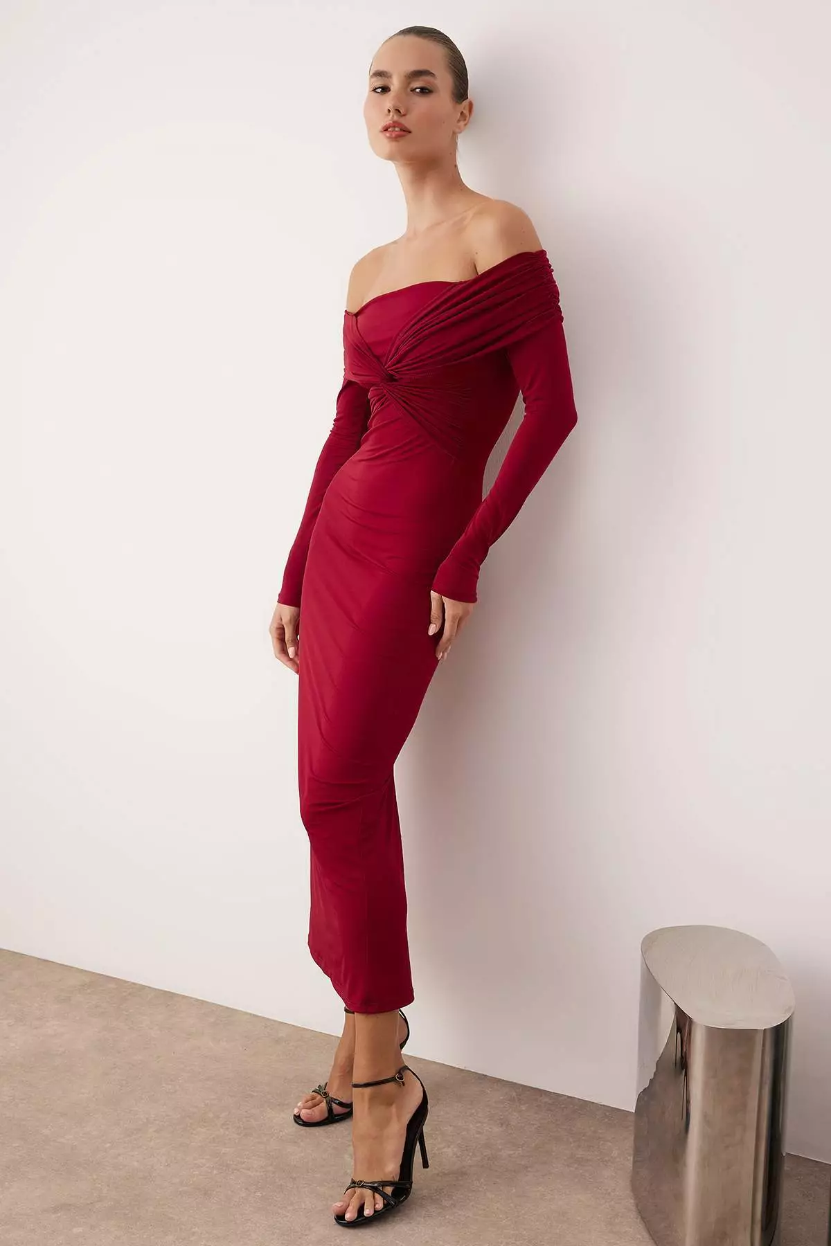Burgundy Collar Detailed Knitted Midi Unlined Stylish/Evening Dress Tpraw26El38