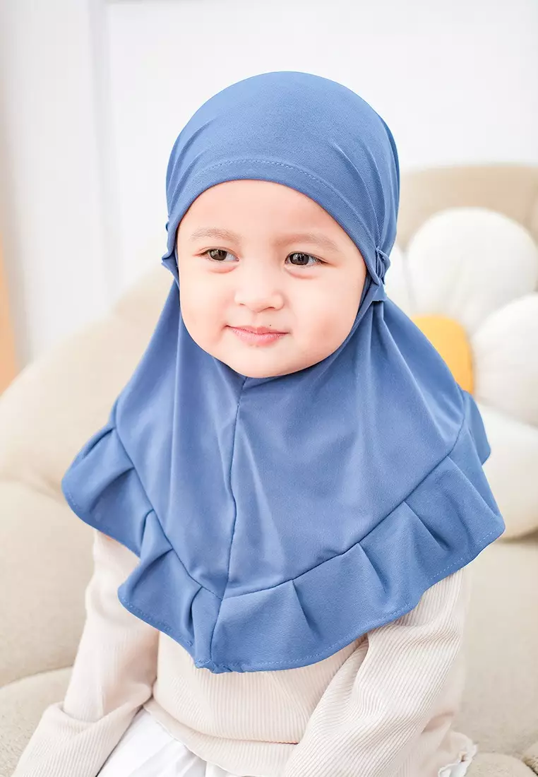 Cotton Bee - Ziva Ruffle Instan | Hijab Instan Anak | Kerudung Jilbab Bergo Tali Anak - River Blue - S