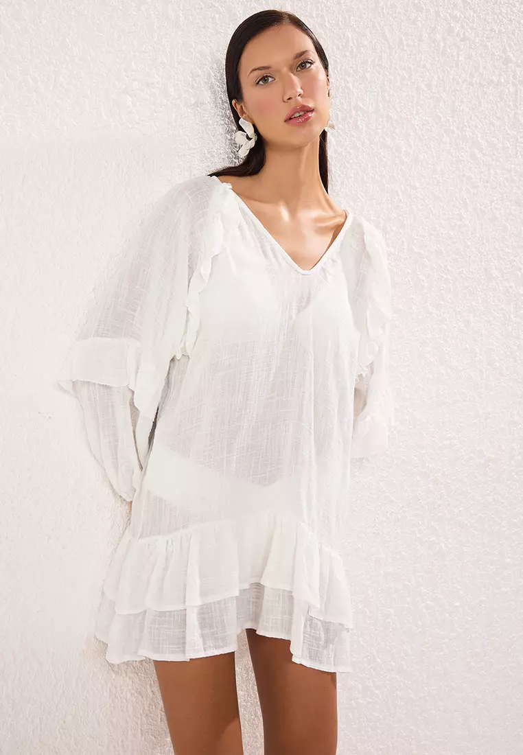 White Mini Woven Flounce Beach Dress TBESS25EL00076