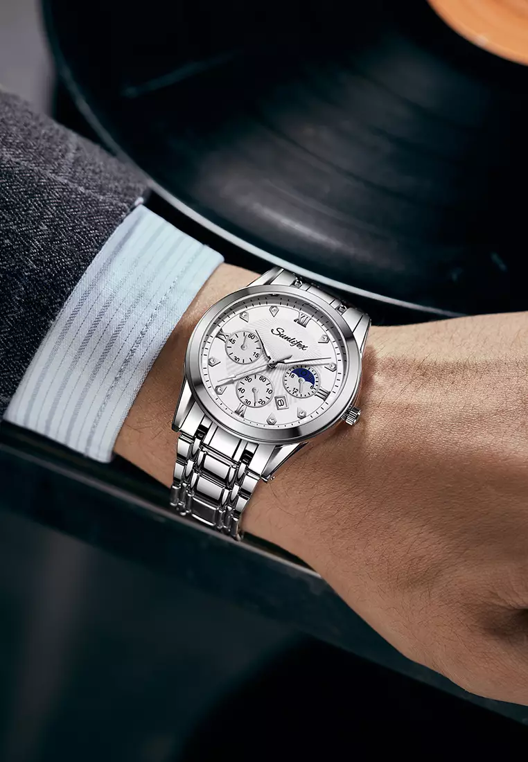 Jam Tangan Pria Original 9004A Kuarsa Calendar Tali Stainless Steel Mode Santai Jam Tangan Cowok silver