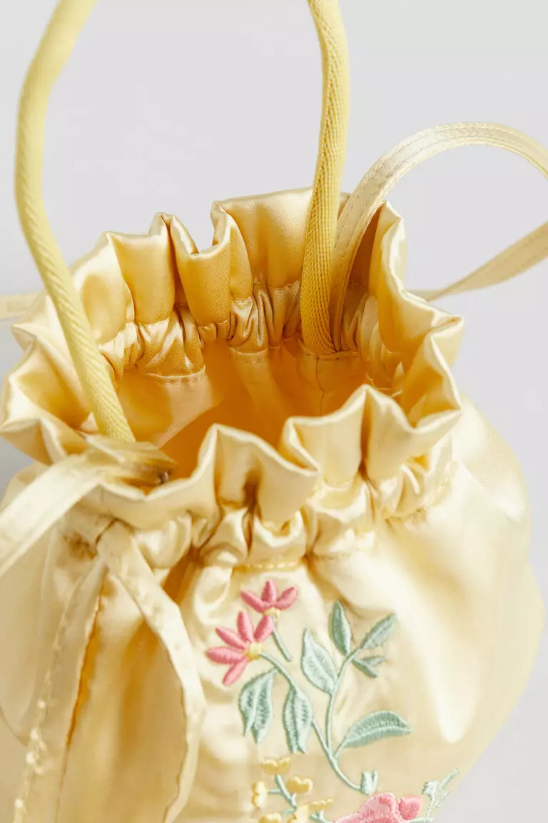 Embroidered-motif satin bucket bag