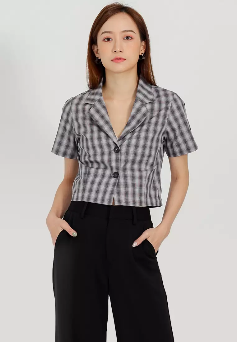 Alia Women's 3/4 Sleeve Front Button Checkered Blouse 