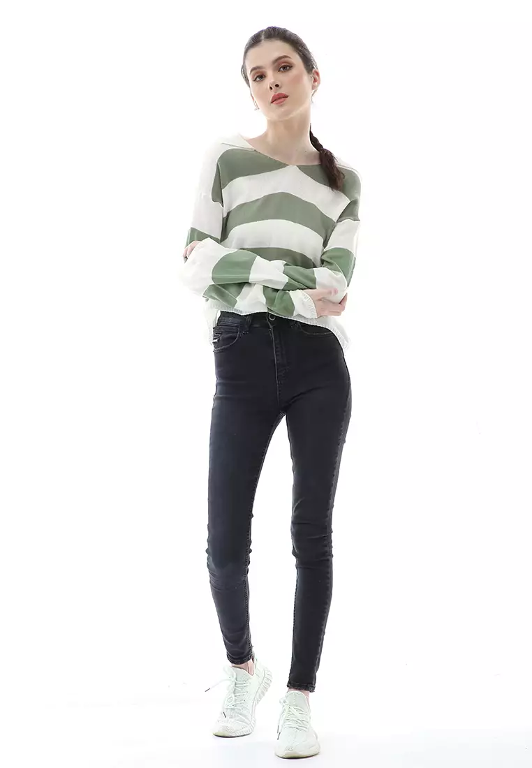 Vilia Rajut Crop Atasan Wanita Oversize Motif Stripe Garis Relaxed Fit - Mint