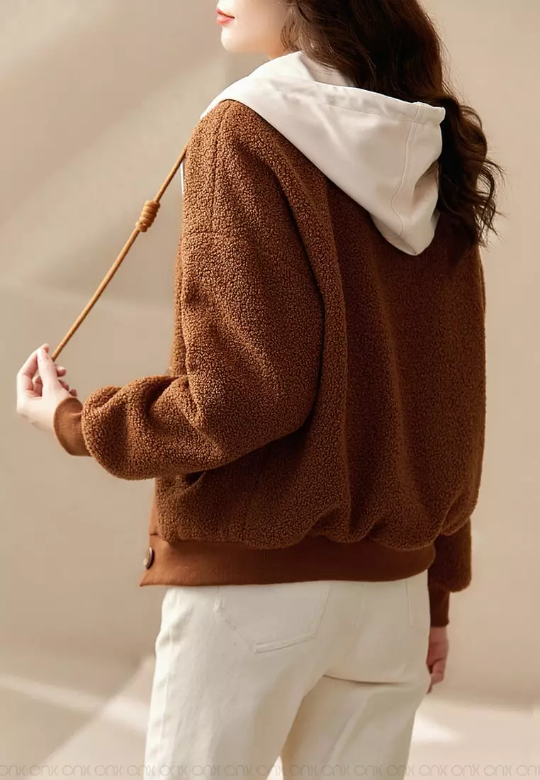 ONX.HK Fashion Fake Two-Piece Stitching Hooded Plush Jacket 2025 