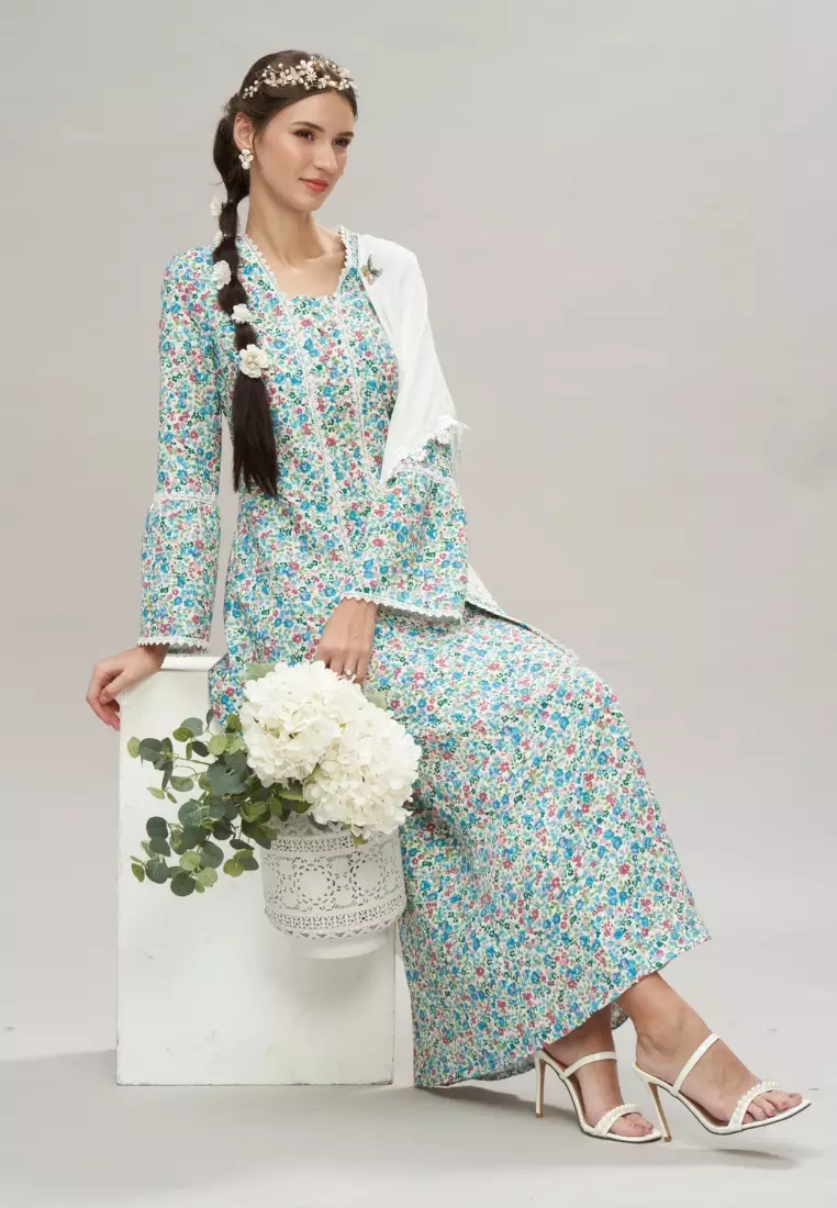 Teal Puff Sleeve Floral Modern Kebaya Kurung Hari Raya