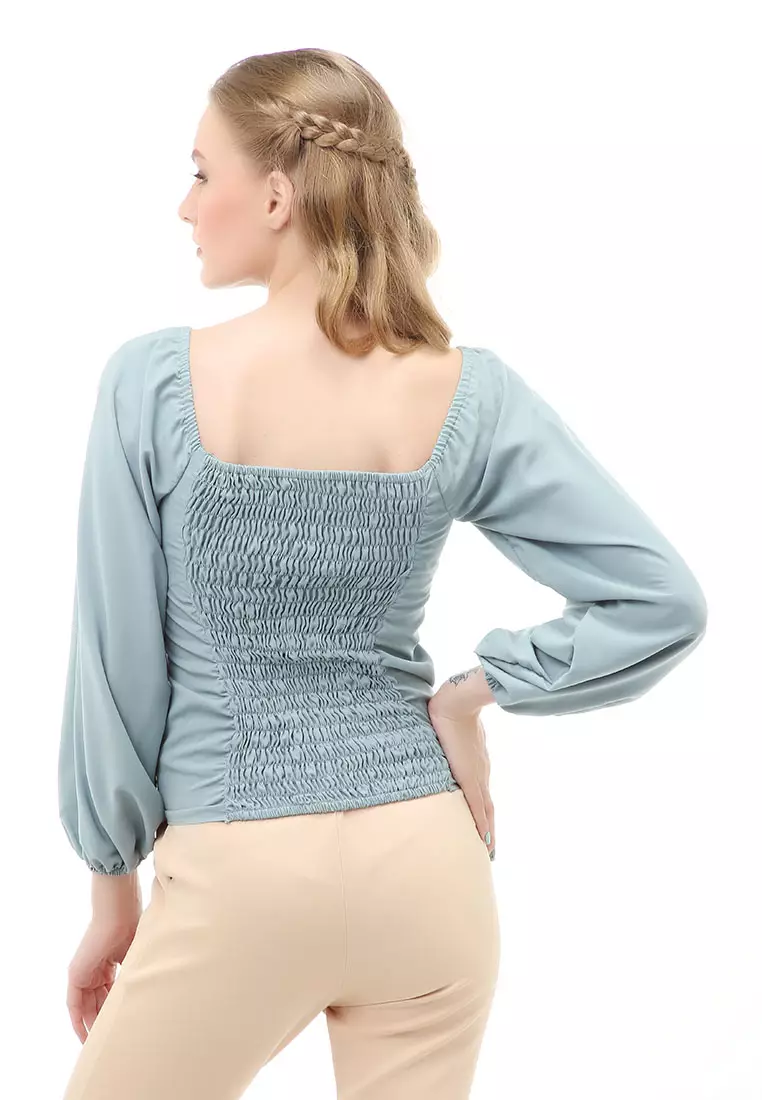 Cheva Blouse Atasan Wanita Sabrina Tali Lengan Panjang Casual Top Long Sleeve Comfortable Material Wolfis ORIGINAL - Mint