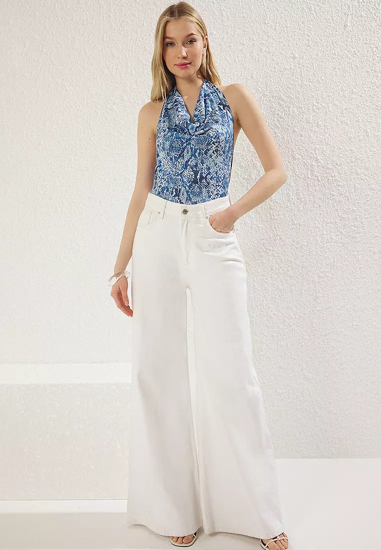 Blue Snake Printed Cowl Neck Elastic Knitted Bodysuit