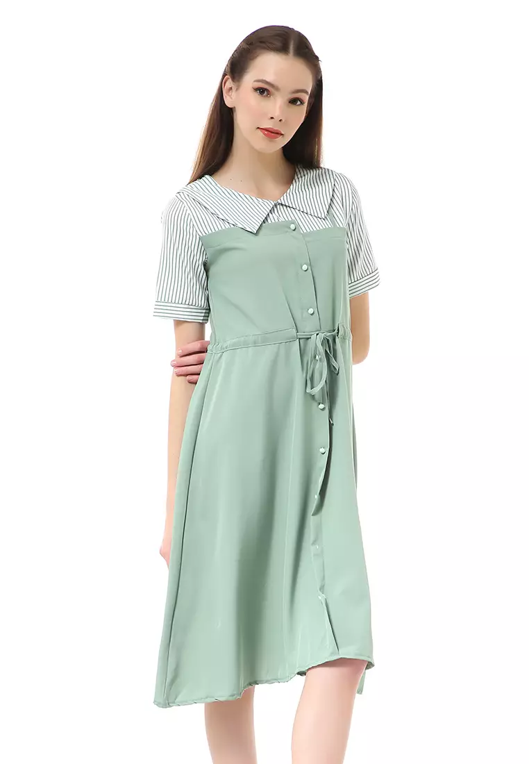 Rachel Midi Dress Wanita Lengan Pendek Vintage Design Tali Pinggang Material Cotton ORIGINAL - Green