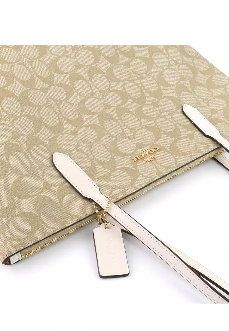 Zip Top Tote In Signature Light Brown/White - Brown