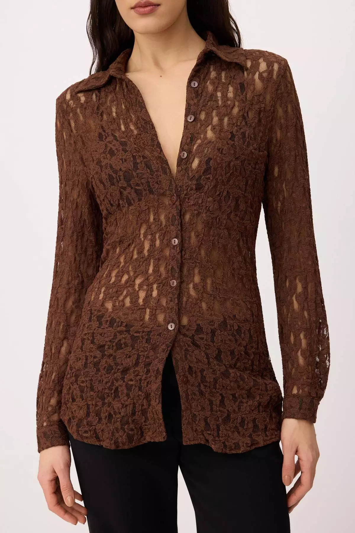 Brown Straight Fitted Shirt Collar Long Sleeve Lace Knitted Shirt Twoss26Go173