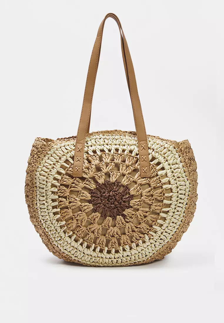 Camel Color Block Hand Knitted Straw Women Round Shoulder Bag Takss25Oc00054