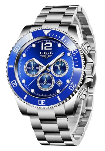 LIGE blue and silver LIGE Unisex Chronograph Diver's Stainless Steel Quartz Watch with turning Bezel on Steel Bracelet 5F9D3AC55AB3AEGS_1