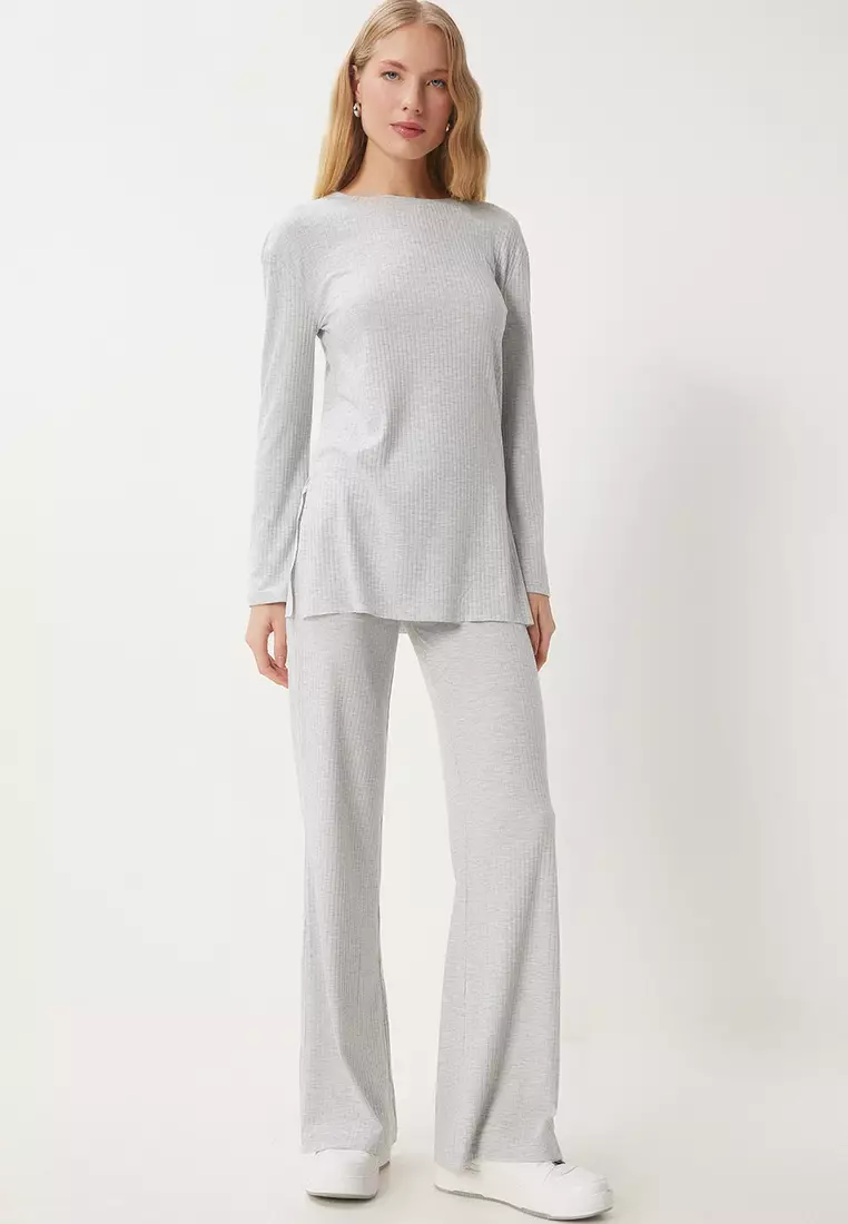 Comfortable Ribbed Knitted Blouse Trousers Set