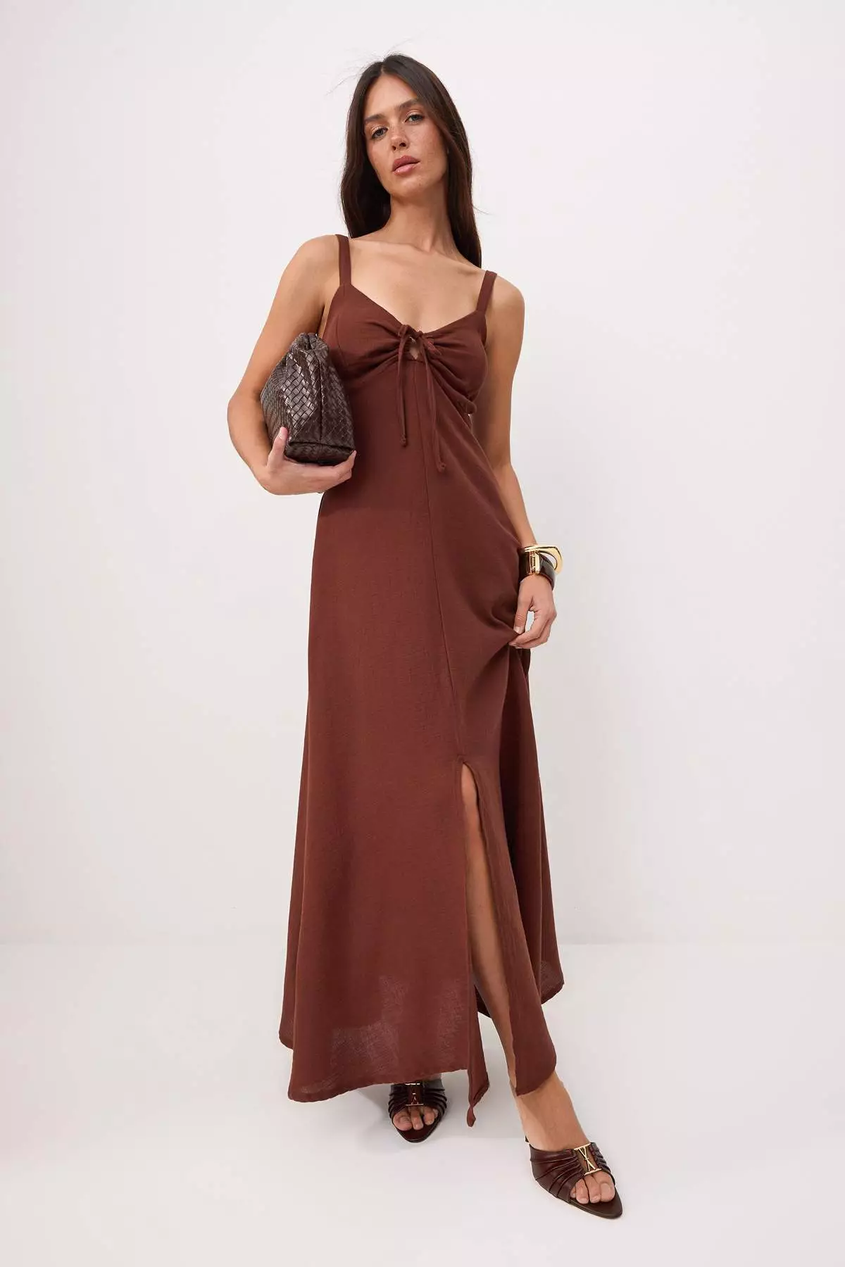 Buy Trendyol Light Brown Linen Cross Back Strap Maxi Woven Dress ...