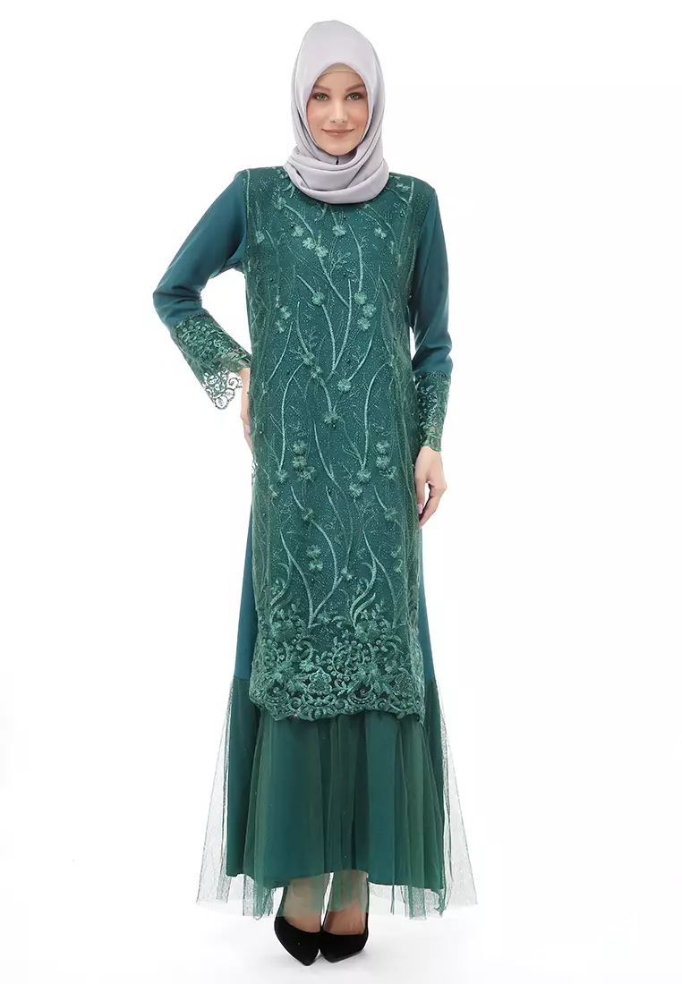 Diana Gamis Brukat Wanita Muslimah Lapis Moscrepe Premium Quality - Hijau Botol
