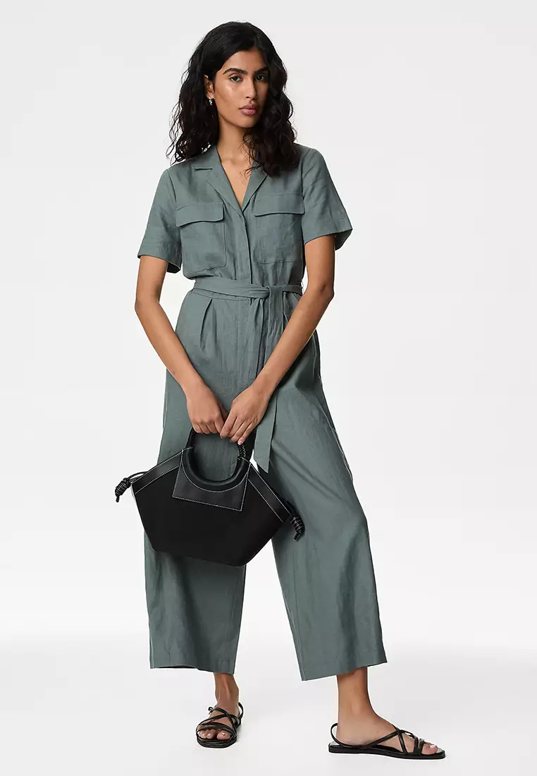Linen Blend Belted Utility Jumpsuit
