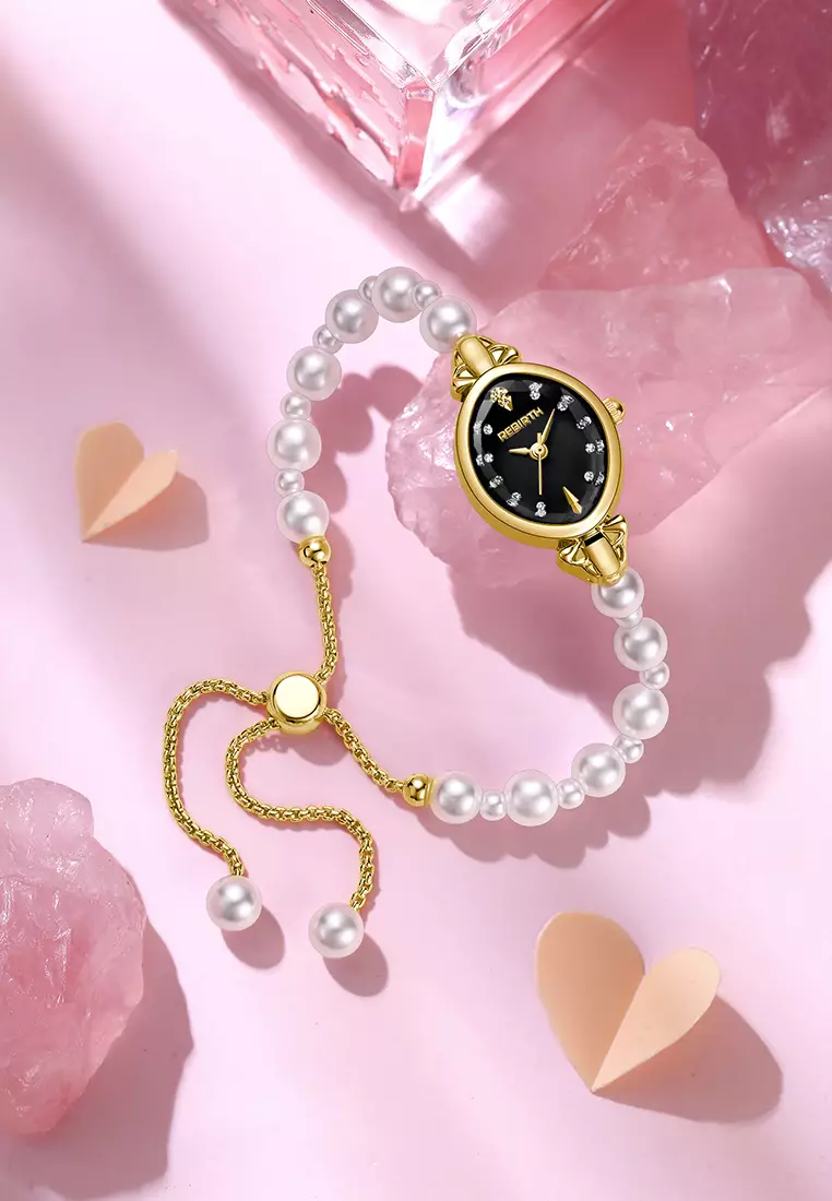 Jam Tangan Wanita Anti Air Original Analog Elegan Anak Perempuan Korean Style Kecil Mutiara Watch Women goldblack