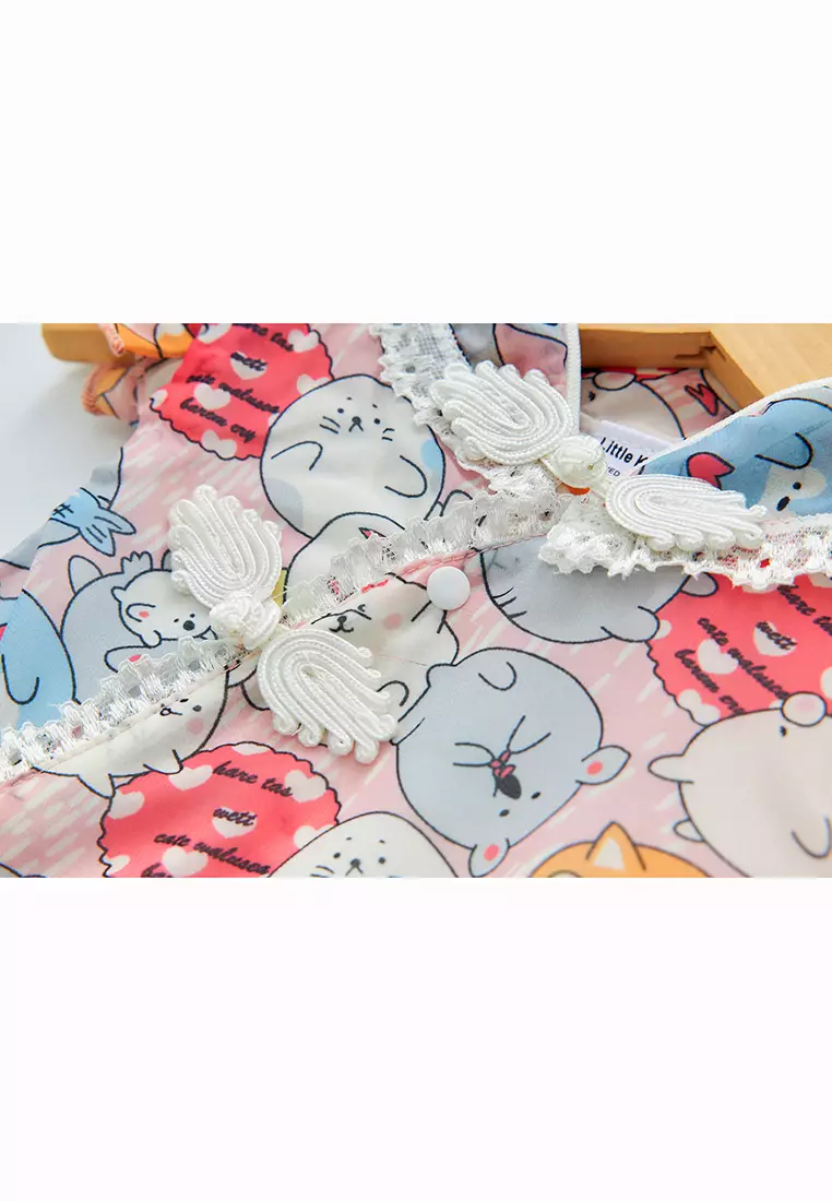 Purrfect Family Paws Baby Girl Pink Cats Cheongsam Bodysuit n Headwrap Set Family Wear 0821