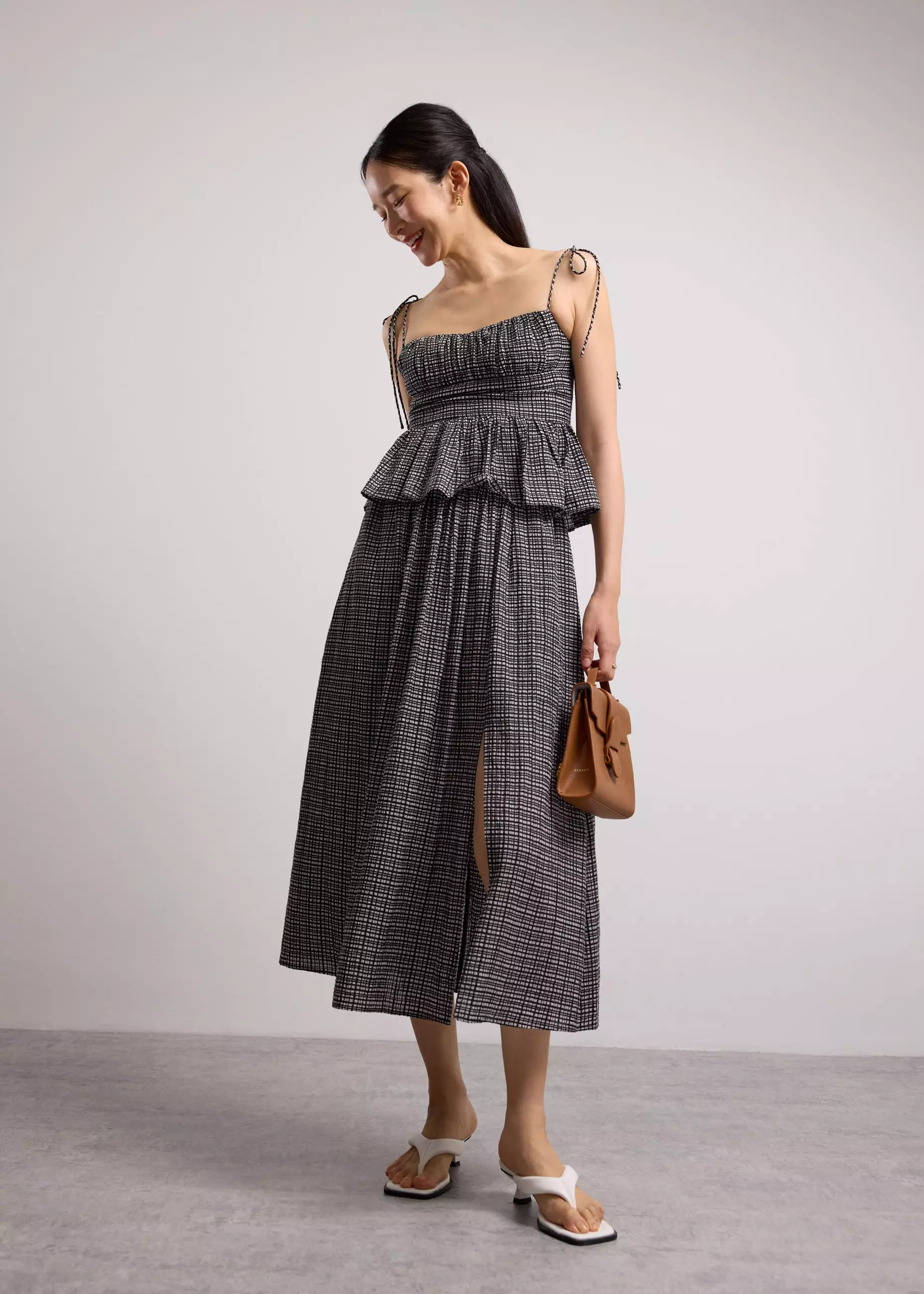 Atasan Wanita - Crinkled Check Lyocell Sweetheart Camisole Peplum Top