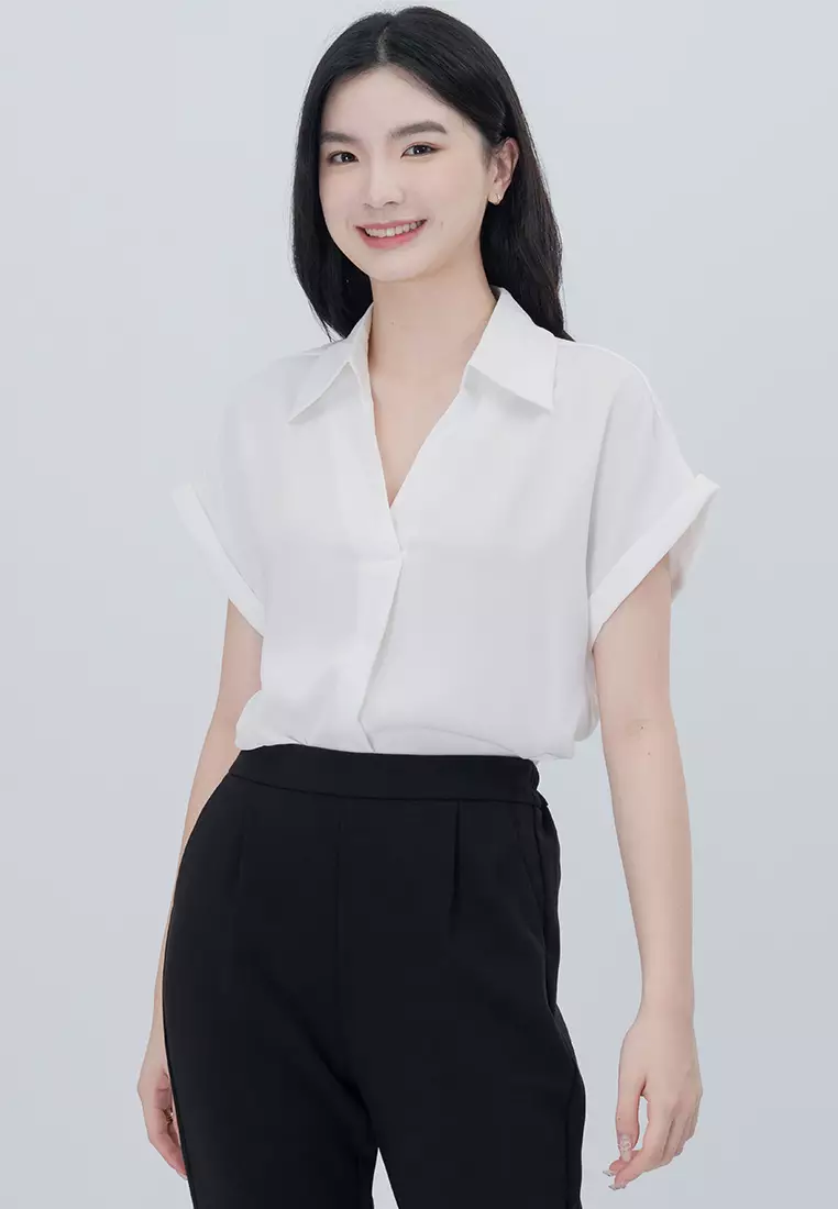 领口短袖V领凉感面料衬衫