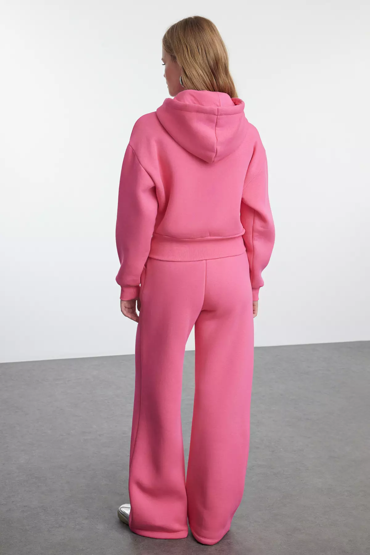 Pink 3-Piece Fleece Hooded Relaxed Knitted Tracksuit Set Twoaw25Em00007