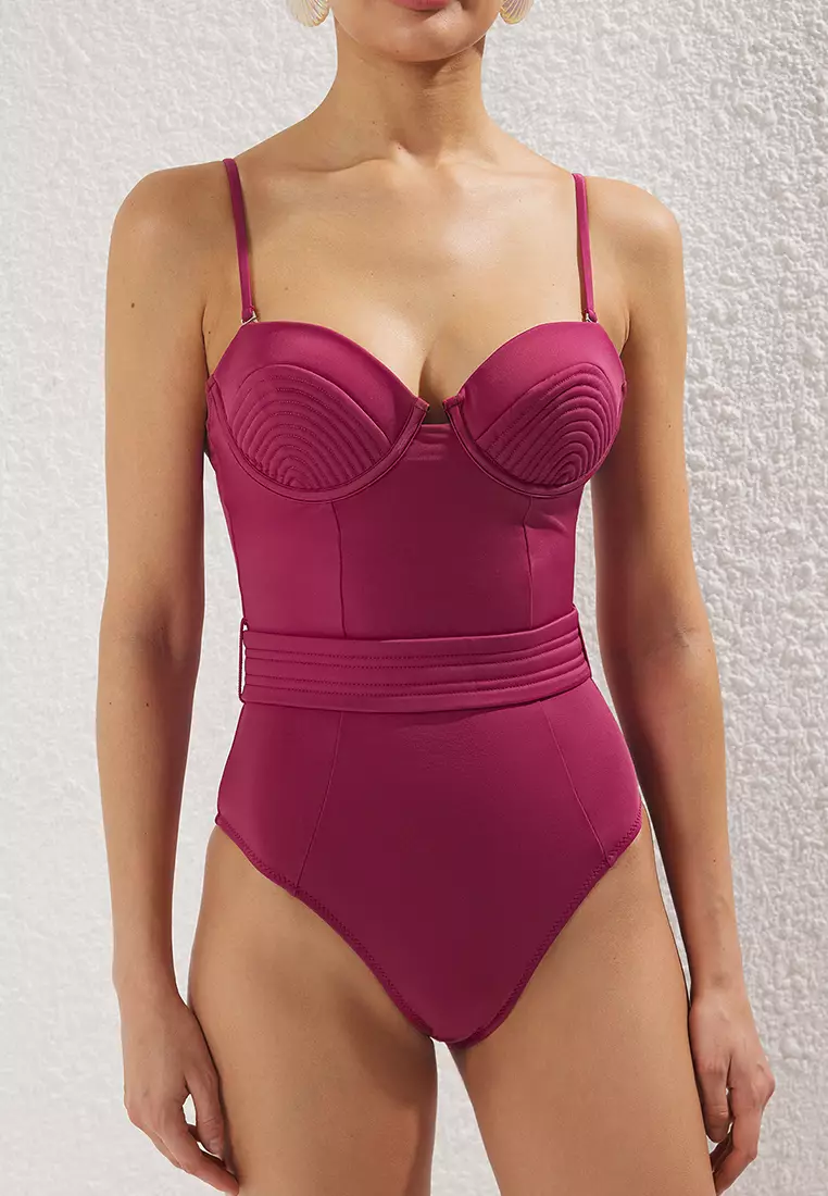 紫丁香色露胸連身泳衣 羅紋設計 可拆肩帶 標準剪裁 TBESS25MA00107