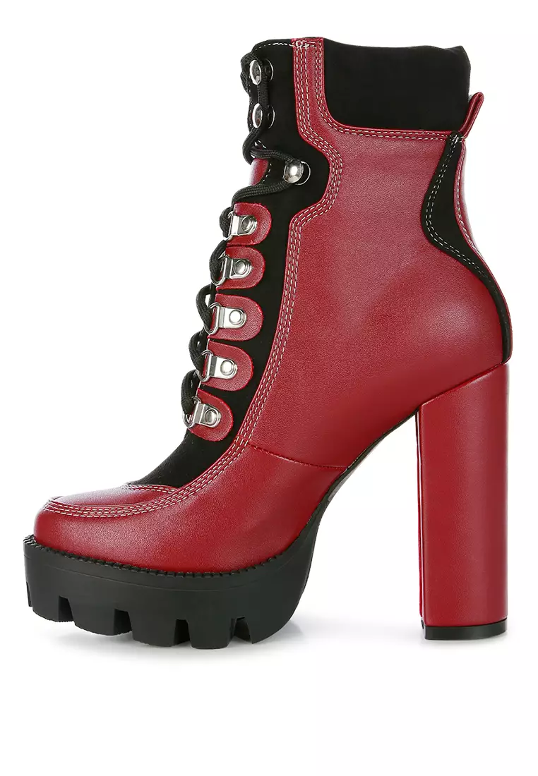 High Heel Lace-Up Biker Boot in Burgundy black