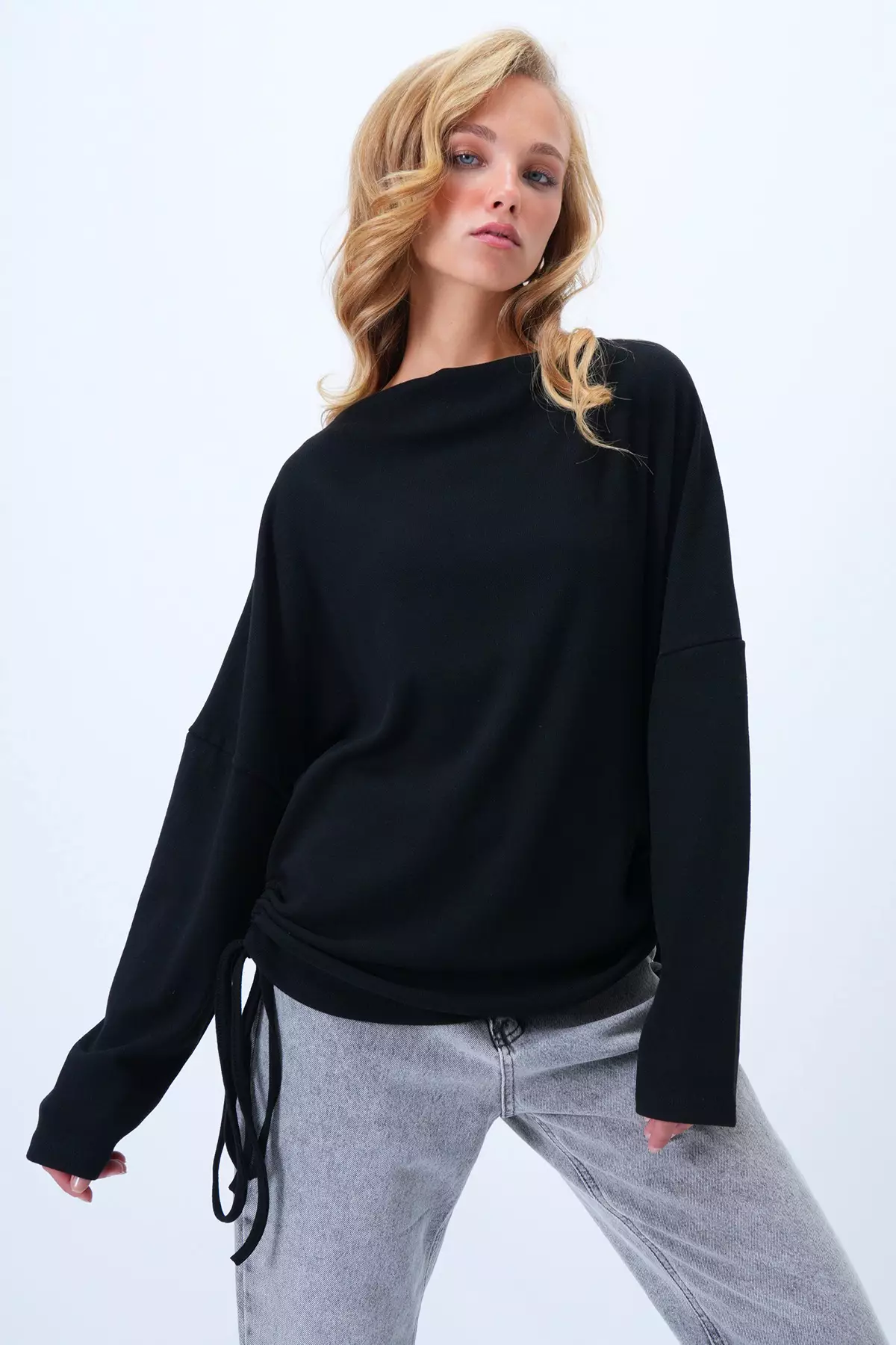 Women's Black Cowl Neck Batwing Sleeve Wide Cut Blouse Alc-X14399