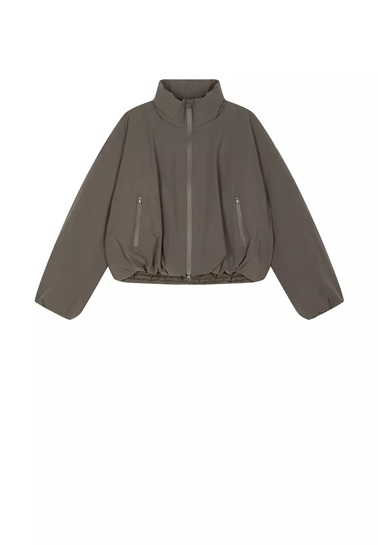 混紡90白鴨絨波浪形切線抽繩O型寬鬆短款羽絨服