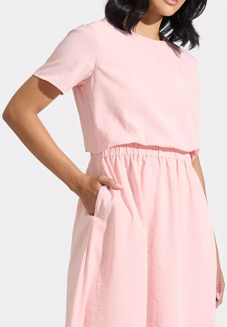 Textured Fit And Flare Dress With Garterized Waist