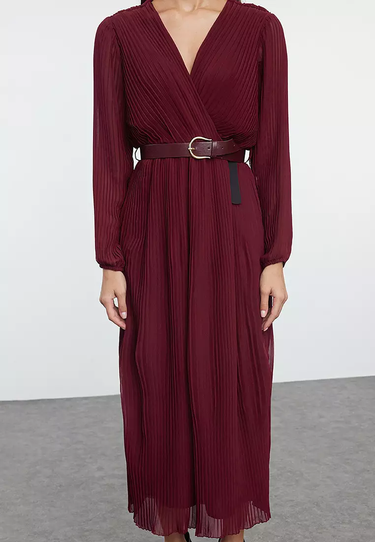 Burgundy Belted A-Line Pleated Maxi Lined Chiffon Woven Dress TWOAW24EL00471