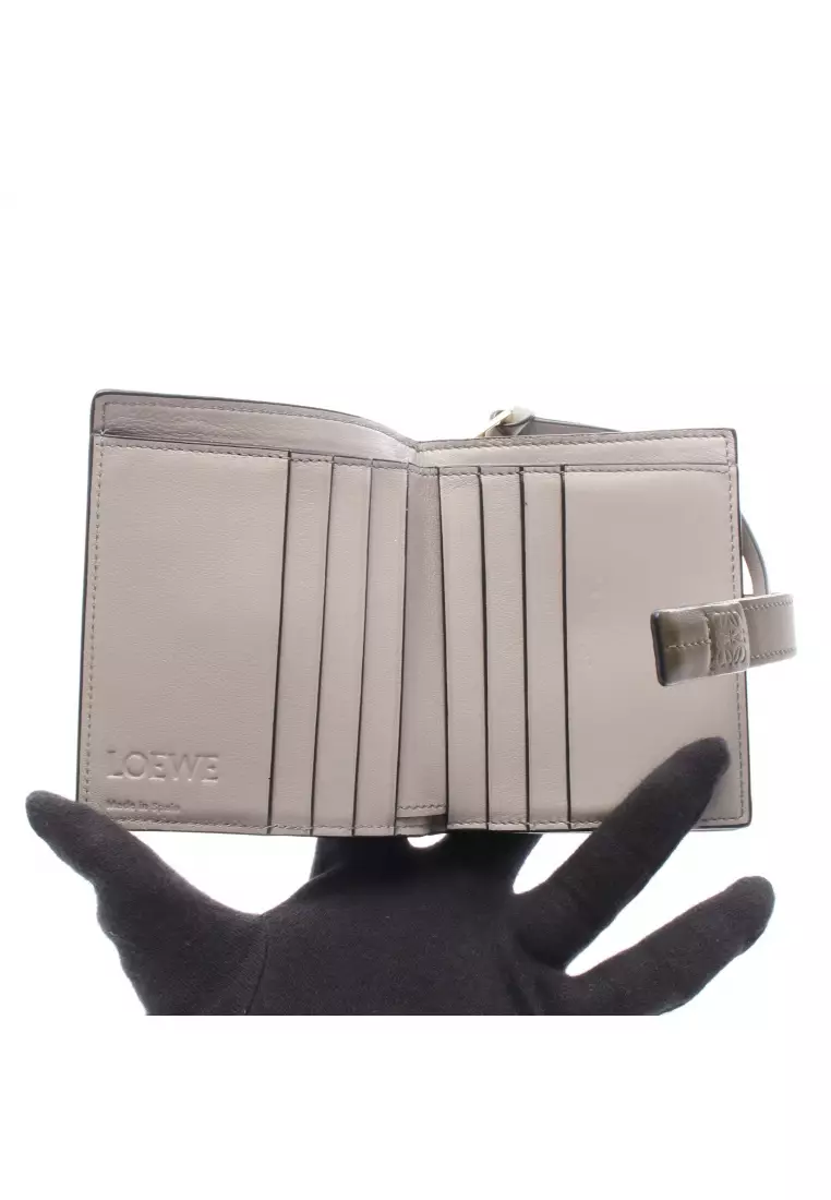 Pre-Loved LOEWE compact zip wallet Bi-fold wallet leather gray green Khaki green gray