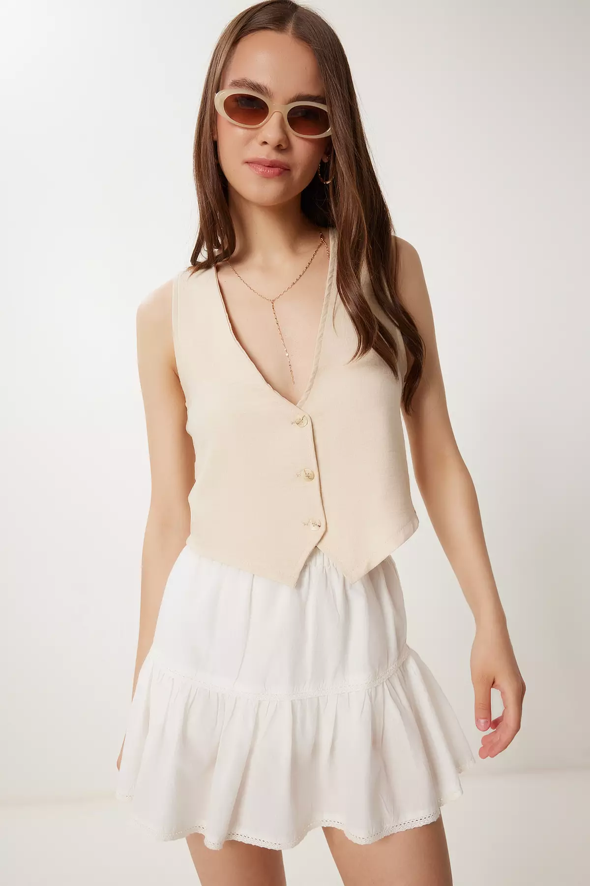 Women's Cream Lace Detailed Linen Vest Ok00072