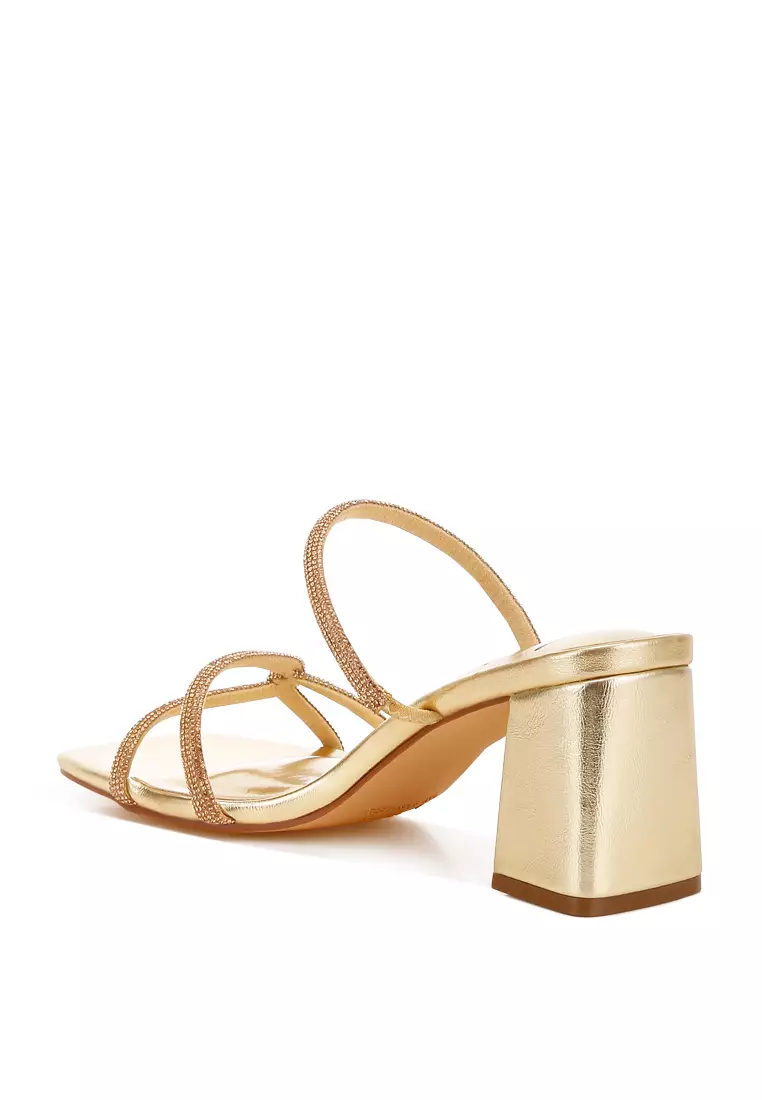 Rhinestone Block Heel Sandals in Gold