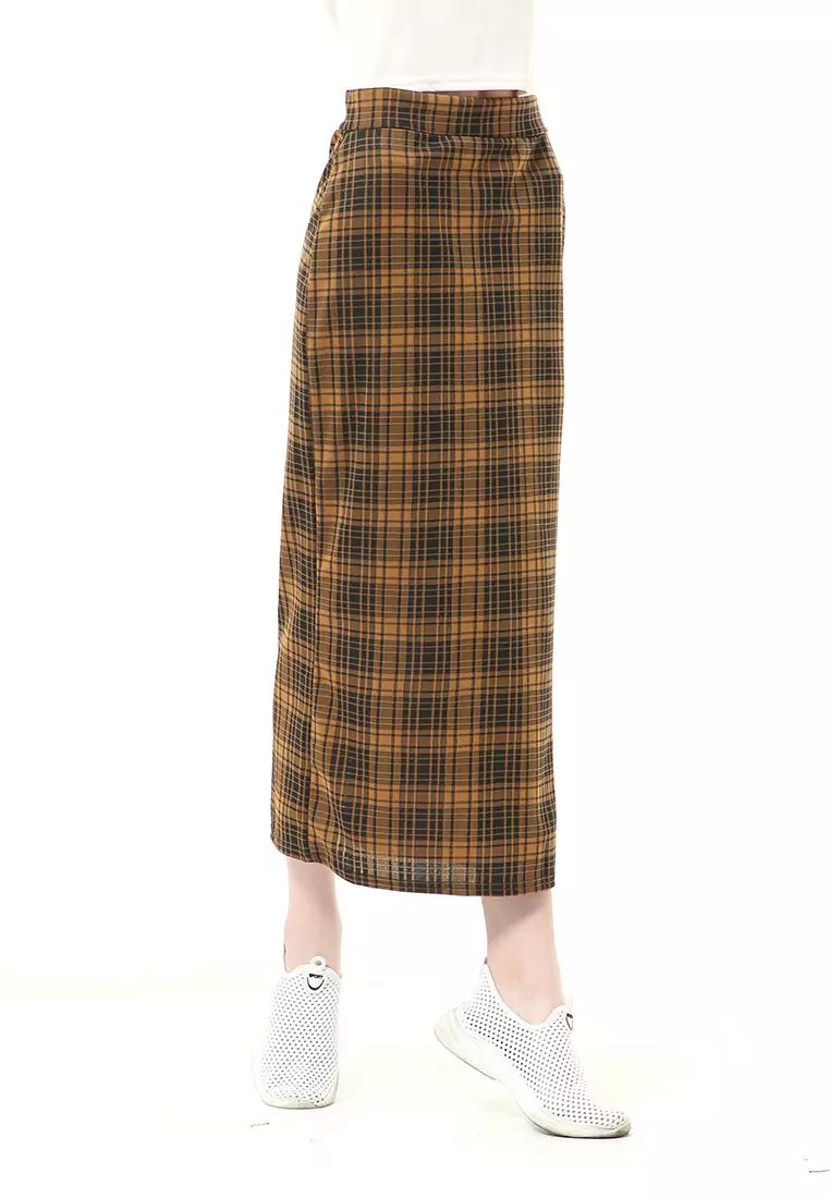 Malina Rok Span Tartan Bawahan Wanita All Size Motif Kotak High Quality - Caramel