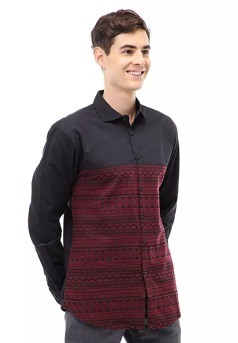 Dwan Atasan Kasual Kemeja Pria Lengan Panjang Kombinasi Warna Material Cotton ORIGINAL - Black