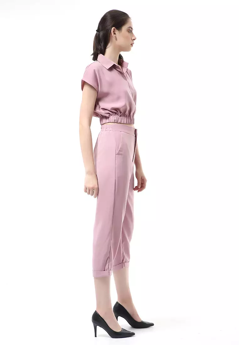 Nayra One Set Setelan Atasan Crop Karet Lengan Pendek Basic Pants Wanita Material Dolce ORIGINAL - Dusty Pink